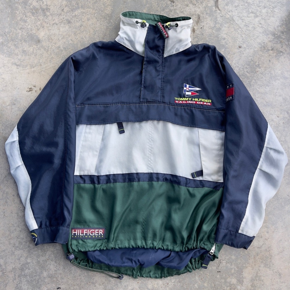 Tommy Hilfiger Sailing Gear Windbreaker Men Large Blue Green Vintage Quarter Zip